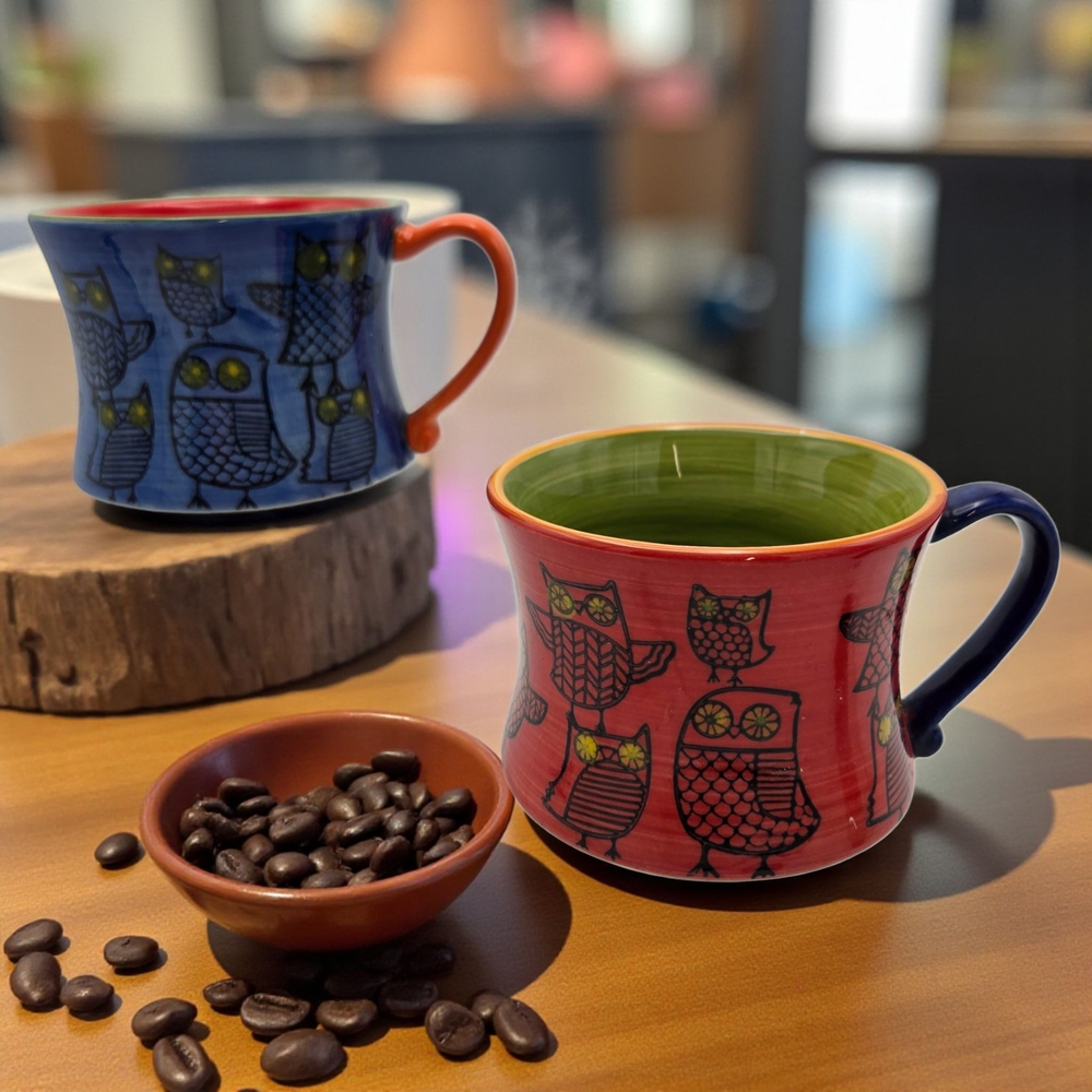Pier1Imports Owl Ceramic Mug Set Stackable Hand Painted Stoneware